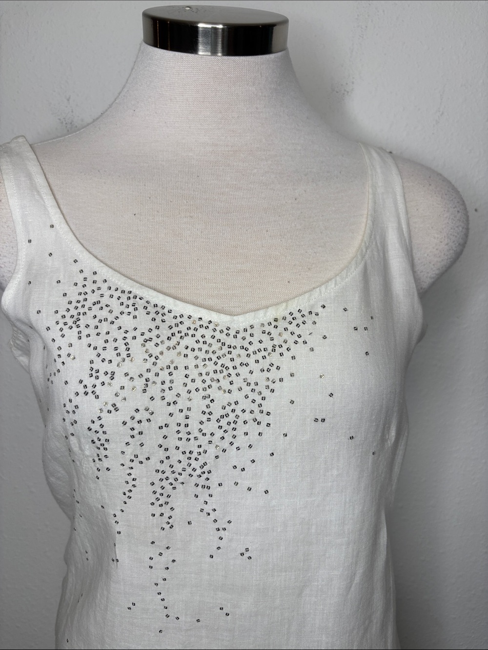 Eileen Fisher White Sleeveless Embellished Linen Mini Dress - Picture 2 of 11